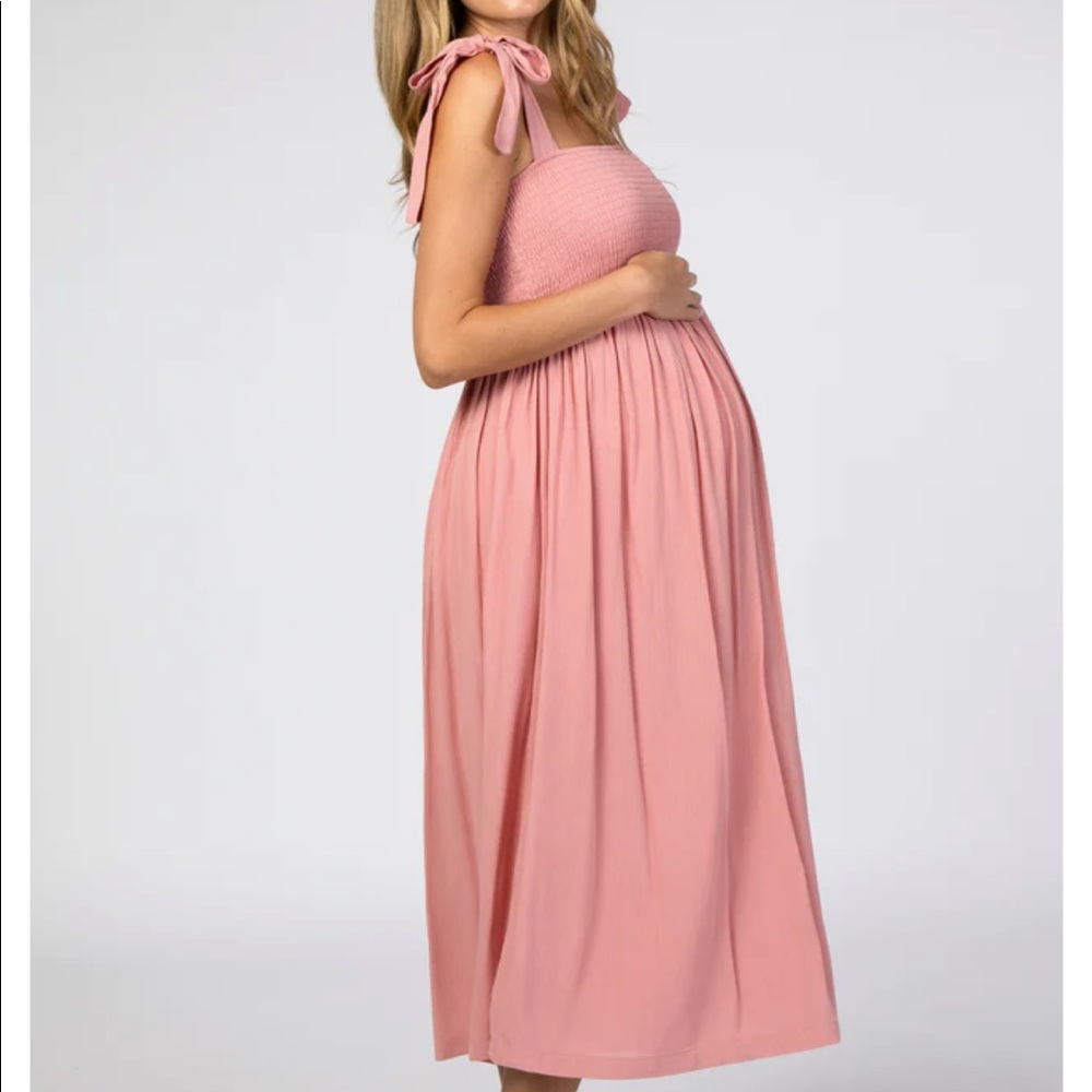 Pink Smocked Tie Strap Maternity Midi Dress